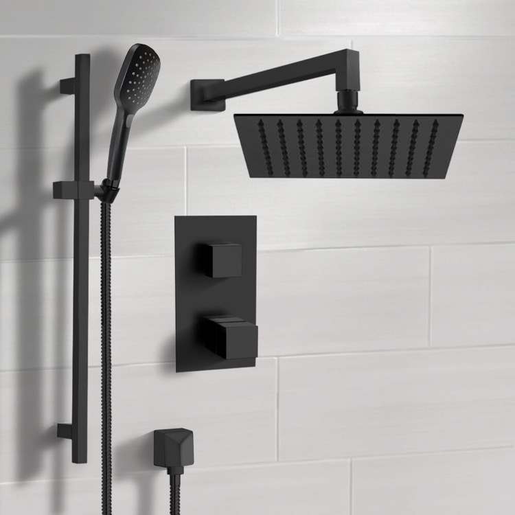 Shower Faucet Matte Black Thermostatic Shower Set with Rain Shower Head and Hand Shower Remer SFR57